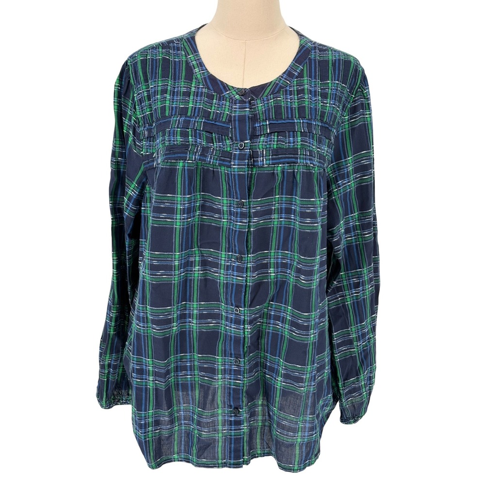 St. John's Bay Plaid Blouse Navy Blue Green Metallic Pintuck Pleated No Size